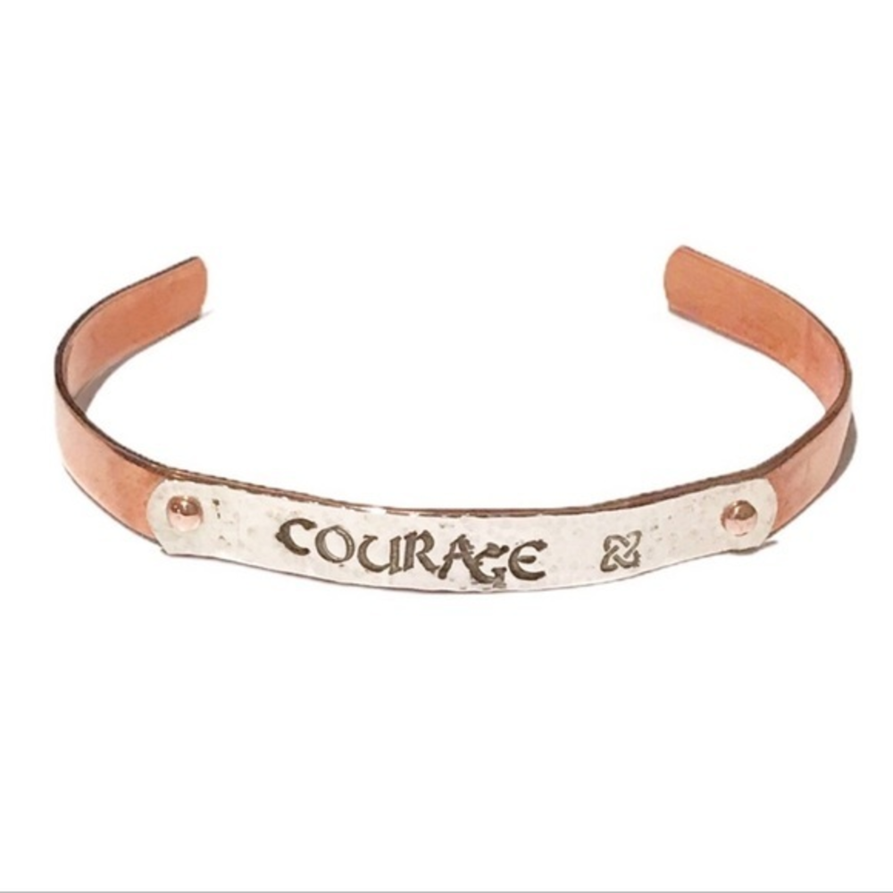 Handmade stamped courage sterling silver plate copper‎ adjustable cuff bracelet